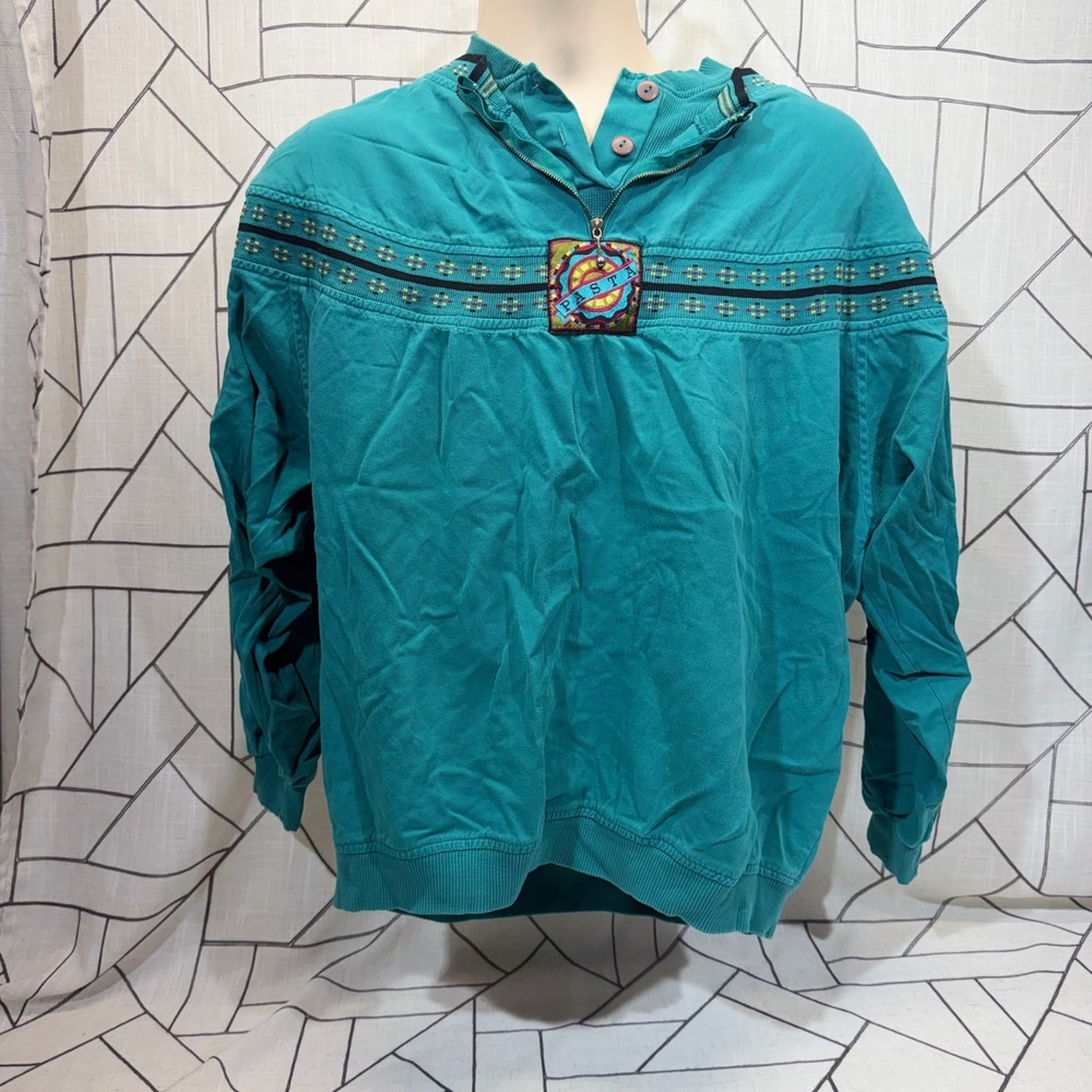 PASTA Vintage Pullover Sweatshirt Large Teal 1/4 Zip Thrashed Geometric Retro